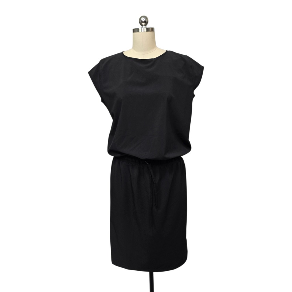 Albion Womens Black Elastic Drawstring Waist Sheath Dress Cap Sleeve Size Large
